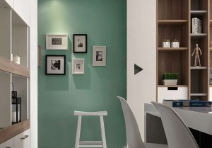 灰豆绿的墙面，给家添上些不一样的颜色，高级感满满，加上几张照片，一面照片墙就这样产生了。