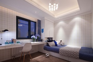 儿童房以蓝白为主，利用足球元素，打造出充童趣的空间。实用的床头衣柜的设计，更贴合儿童的身高需求。书桌