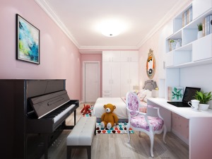 女儿房色调采用粉色来装扮属于孩子自己的空间，与之协调的白色使得整个空间更具童真与浪漫。木地板的铺设增