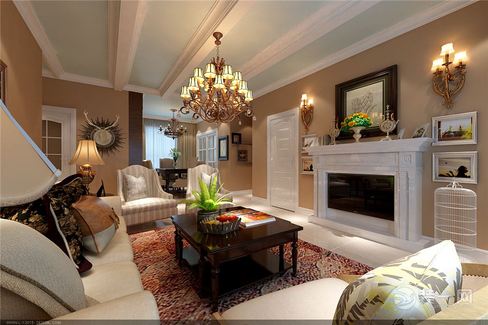 客厅使用大量的石材装饰;呈现带有贵气的历史感，总体而言，明快而富有历史气息是美式风格客厅区的特点