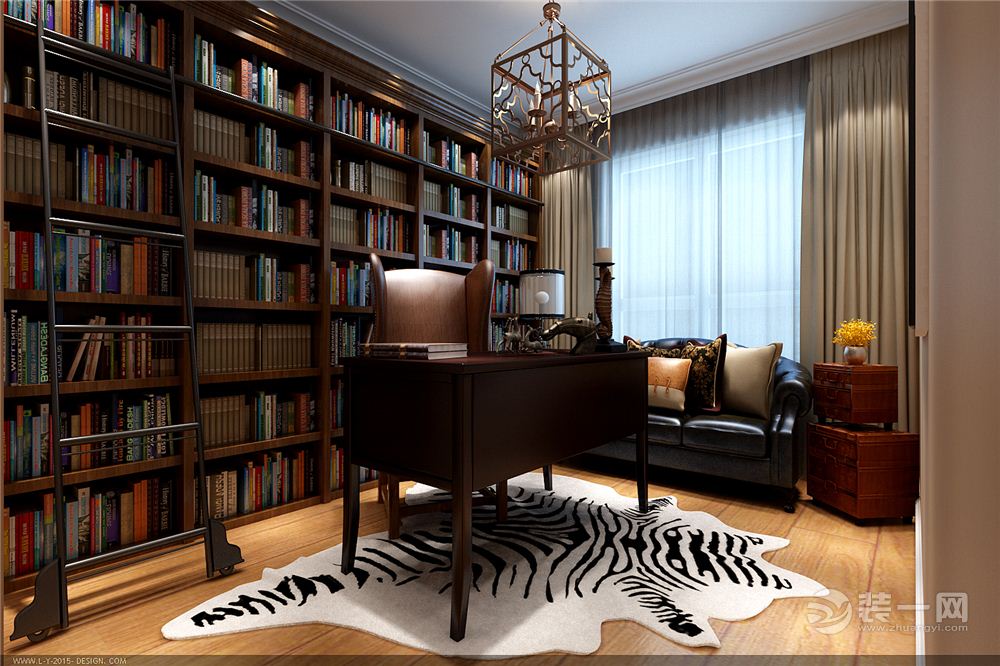 在书柜与书桌的设计上根据空间主体的风格来装扮，虽然布置简单，但却极富个性