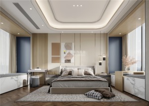 【名雕装饰】卧室呈现出低调的雅致感。木格栅结合米色硬包作为背景，床边飘窗金属与木质感的设计