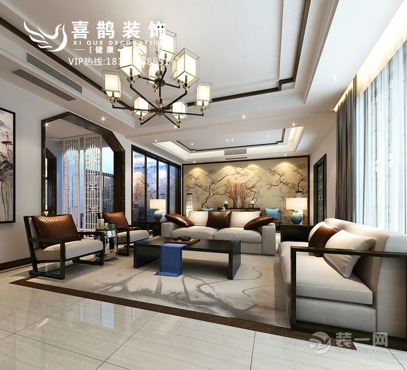设计师通过对线条简单、利落，门窗、沙发等布置又完全忠于中国风，并且借助白色的墙和顶，浅色的地砖及白纱