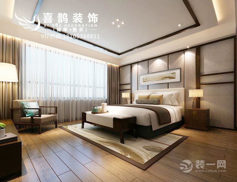 主卧抛弃了过重的中国元素，而是做减法，让卧室尽可能的简单。木质床头柜又把整个空间的调性控制好，而不至