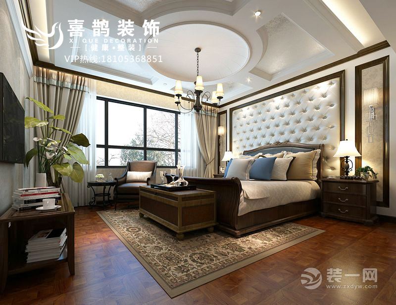 主卧抛弃了过重的中国元素，而是做减法，让卧室尽可能的简单。木质床头柜又把整个空间的调性控制好，而不至