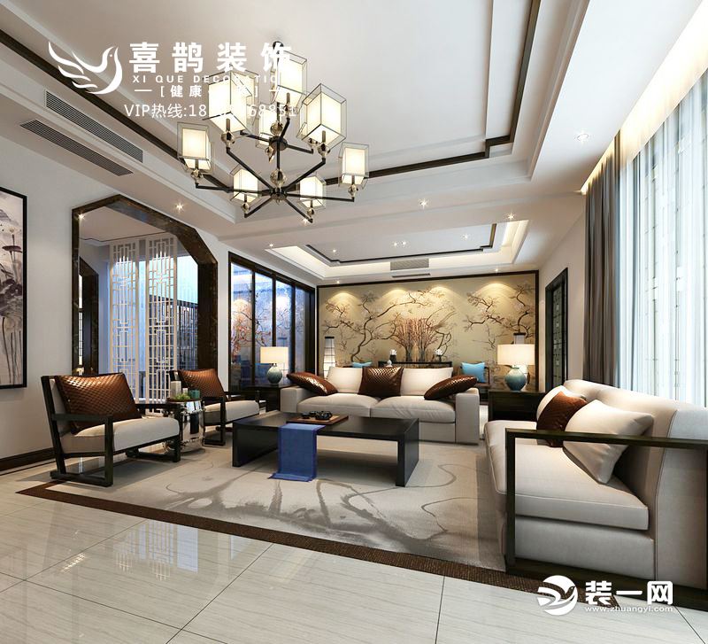 线条简单、利落，门窗、沙发等布置又完全忠于中国风，浅色的地砖及白纱让屋内也非常明亮，真正做到宽敞明亮