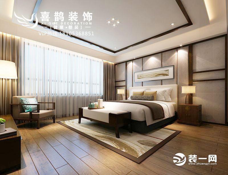 主卧抛弃了过重的中国元素，而是做减法，让卧室尽可能的简单。