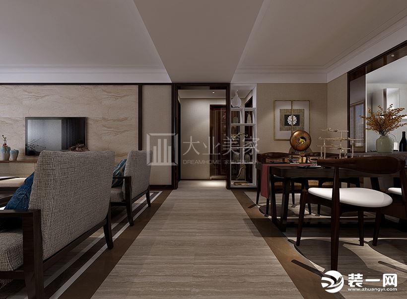 客厅 装饰造型主要采用硬朗简洁的直线条，空间具有层次感