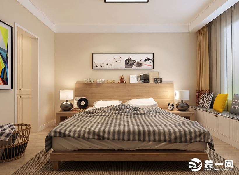 卧室 材质衬托来增强北欧元素，形成一个色彩平衡、层次丰富的空间，增加稳重的质感和温馨感