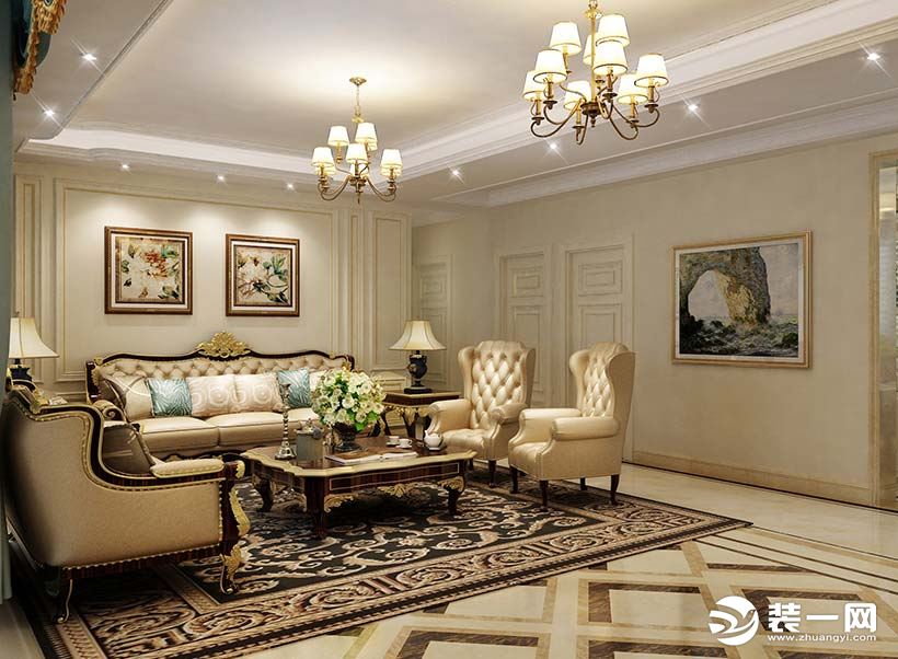 客厅效果图 美式家具、实木地板、布艺沙发、碎花窗帘，使空间整体空间色彩典雅质朴