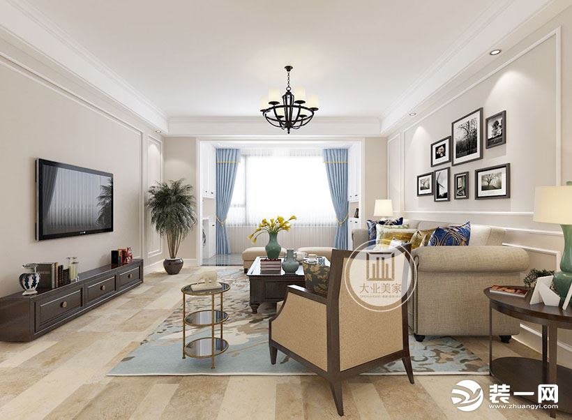 客厅以白色为主色调，搭配深色茶几和电视柜，让空间色彩和谐有序