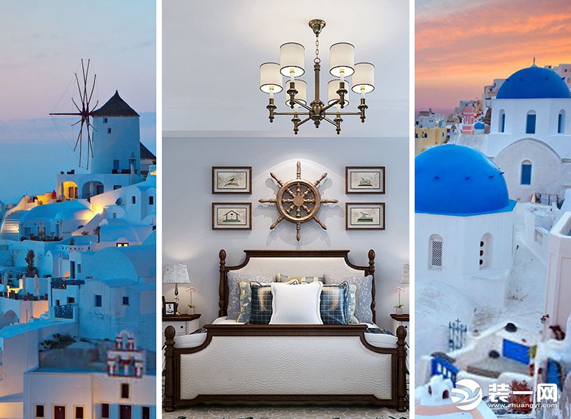 白色的墙壁，链式拱门，瓦片和海蓝色屋顶的门窗。这些都是地中海风格的非常鲜明的特征