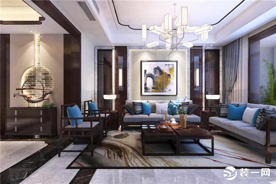 客厅色调以木色与灰色系为主，影视墙面的门洞做了形式感的对称处理，局部石材搭配硬包，彰显材质的层次感。