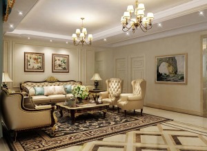 客廳效果圖 美式家具、實木地板、布藝沙發、碎花窗簾，使空間整體空間色彩典雅質樸