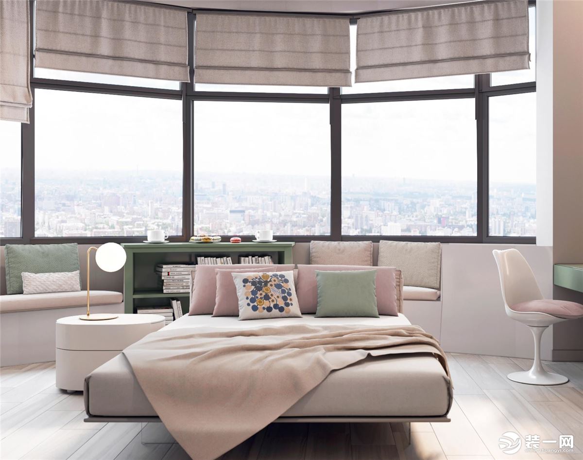 卧室落地窗显得卧室格外通透，暖色床品与绿色书桌搭配，明亮清新，舒适耐看的轻奢风格。