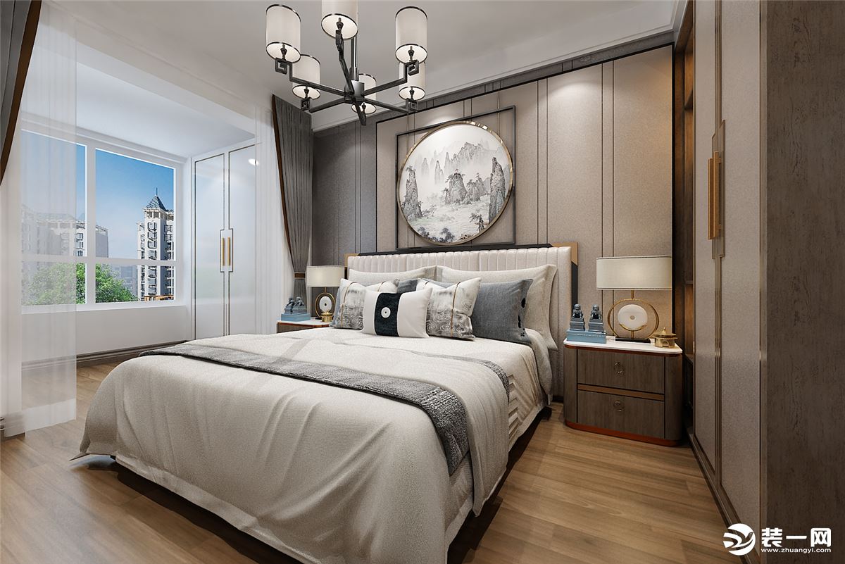 卧室现代优雅的感觉，加入浅色与淡灰色质感，营造出一个高档华丽空间氛围，置身中显得舒适
