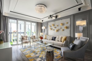轻奢风客厅，客厅整体现代优雅的感觉，加入黄色与灰色质感，营造出一个高档华丽空间氛围，置身中显得轻奢而
