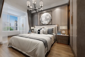 卧室现代优雅的感觉，加入浅色与淡灰色质感，营造出一个高档华丽空间氛围，置身中显得舒适