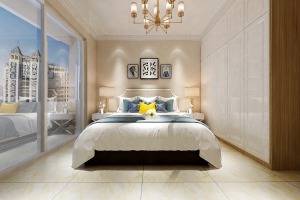 大卧室白色柜面浅色地砖奶油色背景墙及北欧风格画搭配 舒适温馨