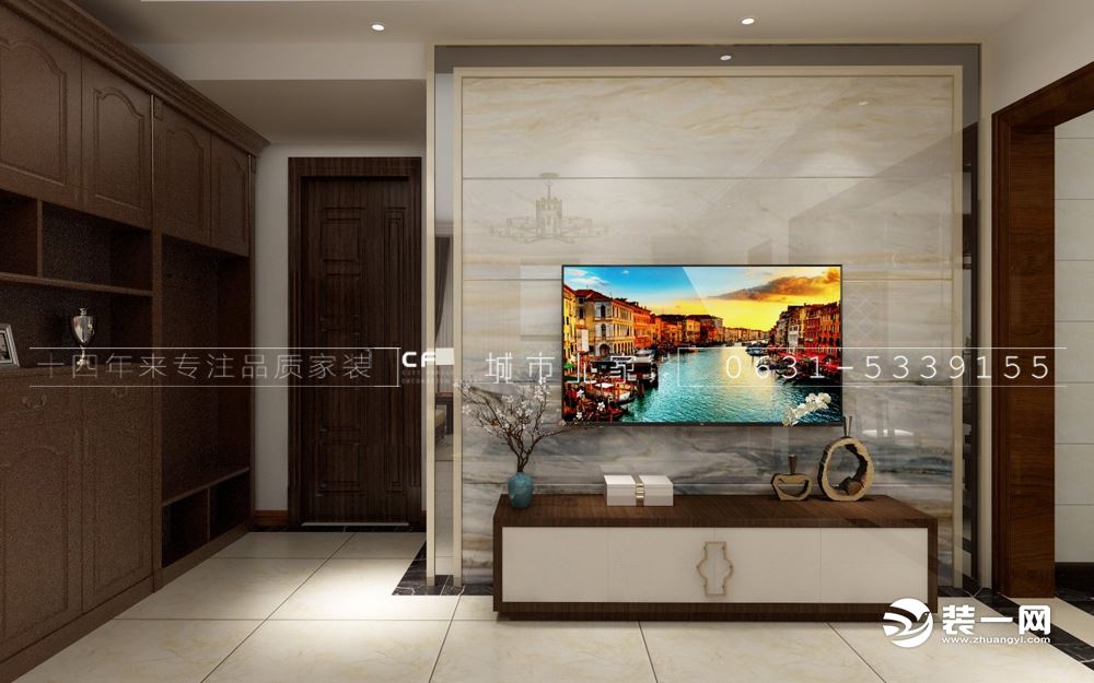 威海泰乐家园140平三居室新中式风格电视墙