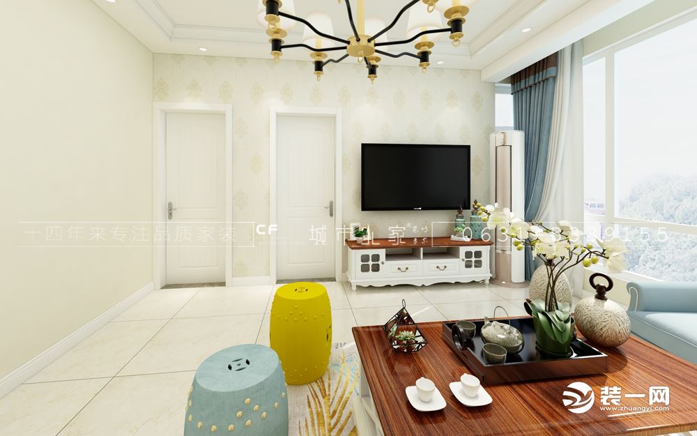 威海滨海龙城110平三居室美式风格电视墙