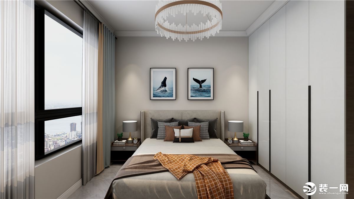 现代简约风格卧室，充满强烈的艺术感是现代简约风格卧室装修的一大特点，图中墙面和地面的颜色搭配也没有太