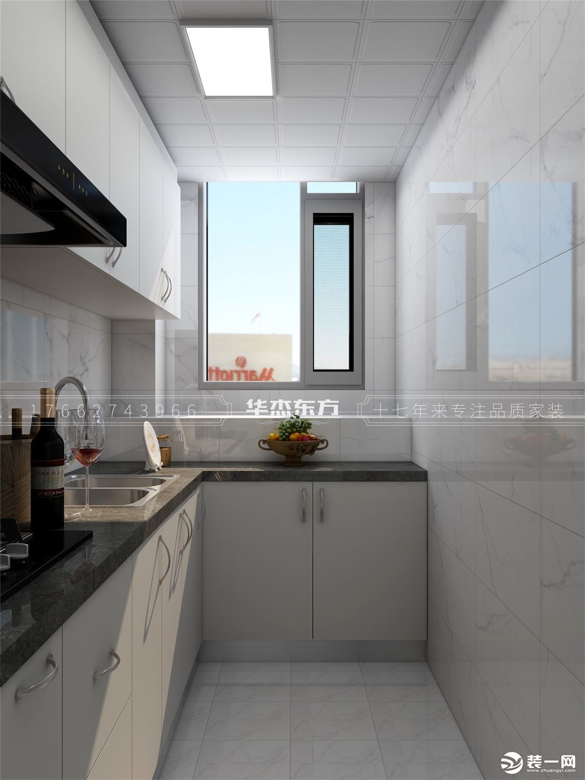 L型厨房设计，为了使厨房不显得杂乱，加了吊柜，便于储物。