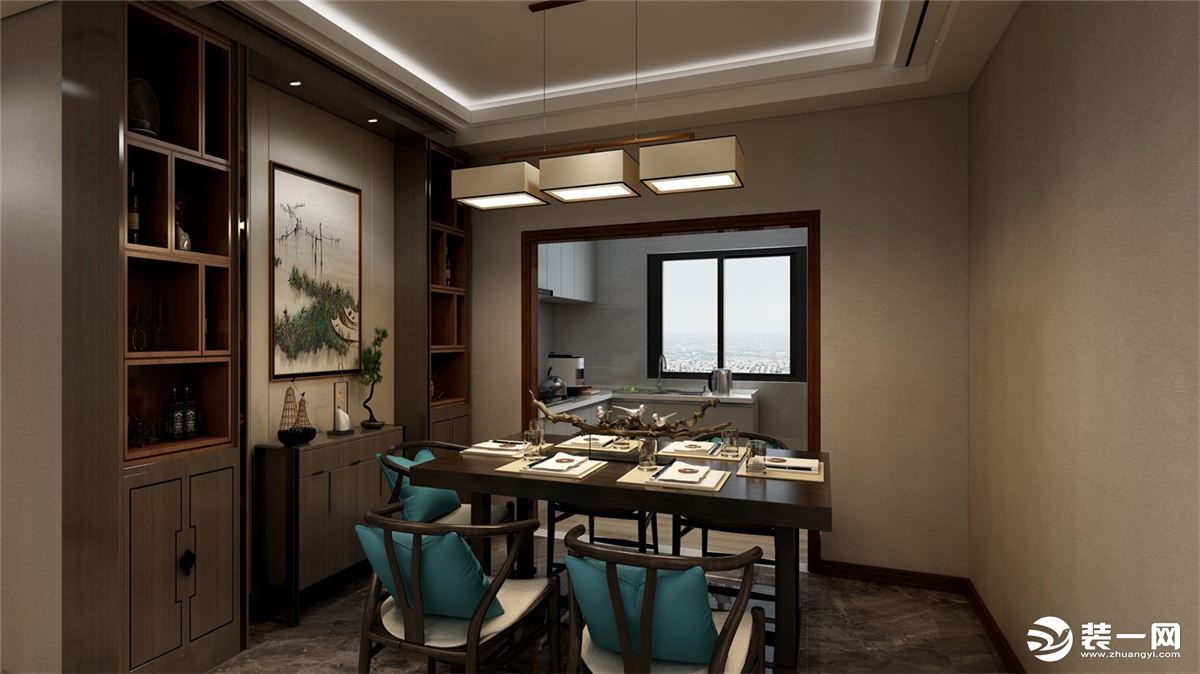 餐厅做了一排酒柜跟餐桌呼应 也是一个新中式的色调 整体家里颜色一致 协调