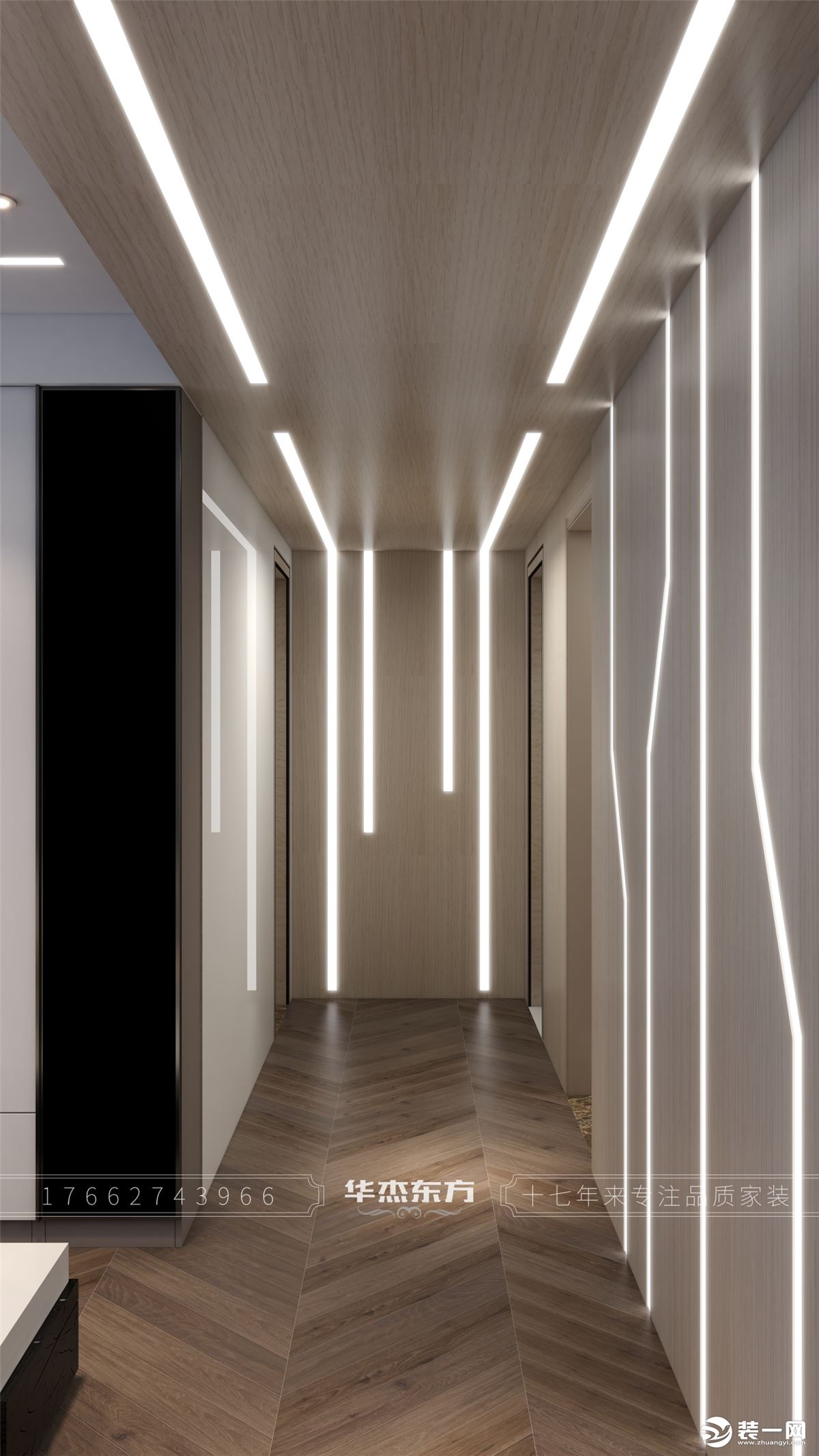 客厅上方及走廊用条形灯使空间更有层次感