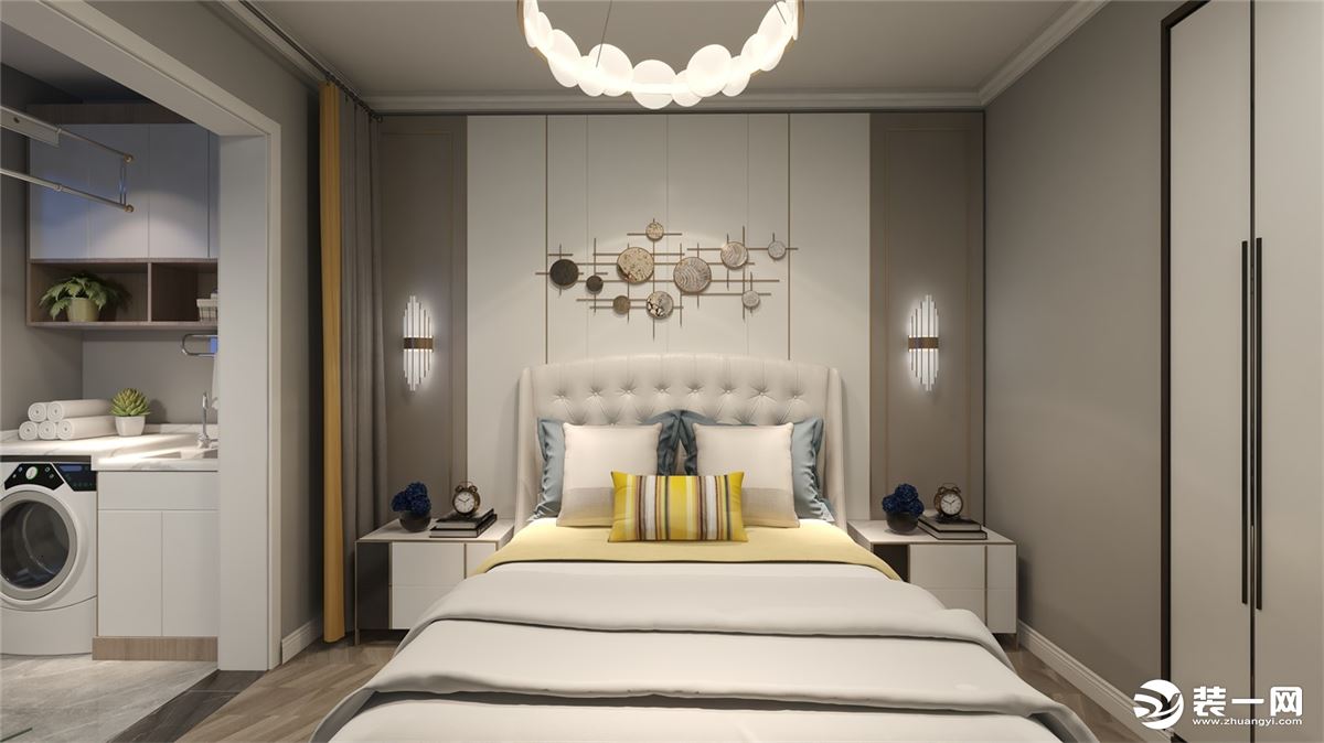 卧室：用色彩的纯度传递细腻的质感。造型简洁，线条流畅的家具组合搭配，营造出稳定、协调、温馨的空间感受