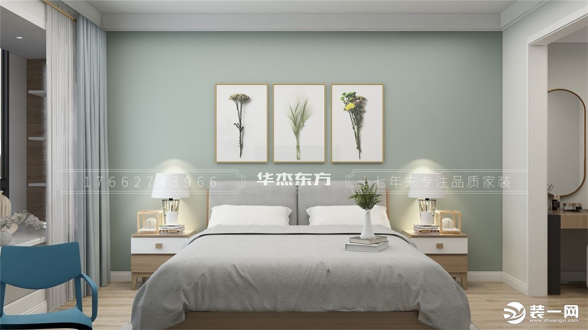 卧室背景墙刷上了淡绿色乳胶漆，使整个卧室空间 色彩灵动，丰富、把主卫生间改成了衣帽间，增大了业主的储