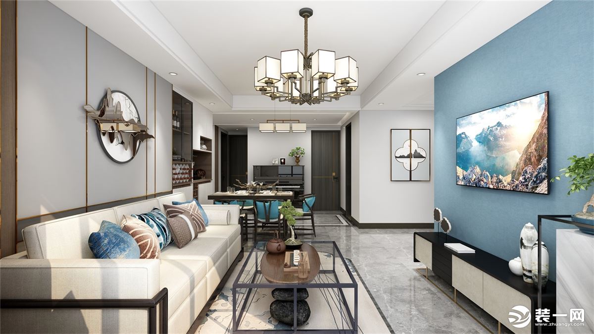 用高贵的蓝色点缀新中式客厅，现代与中式的交织融汇，演绎空间独一无二的魅力