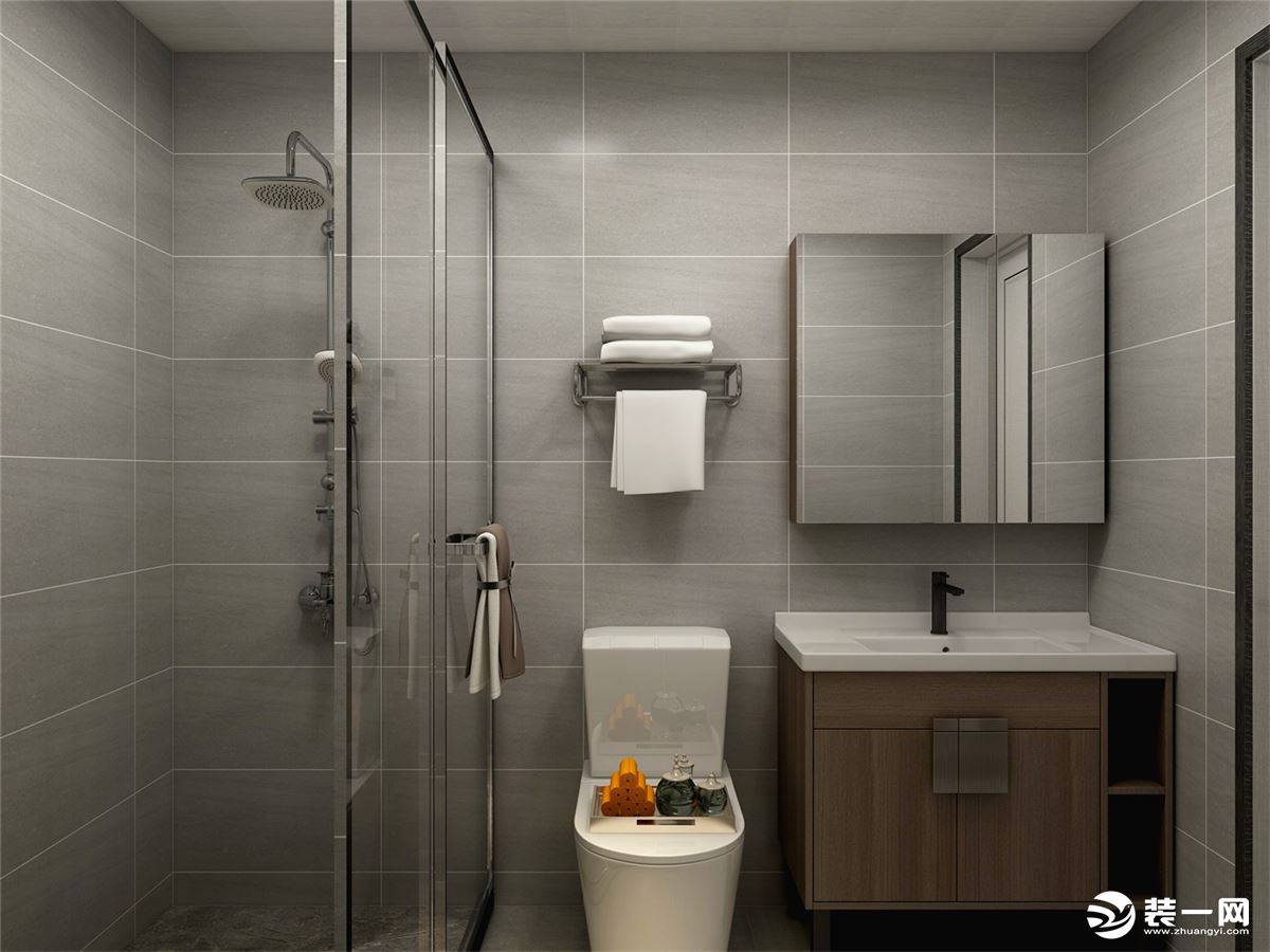  胡桃木色的浴室柜与哑光灰色瓷砖搭配，色温润舒适，纹理中透露着自然气息。