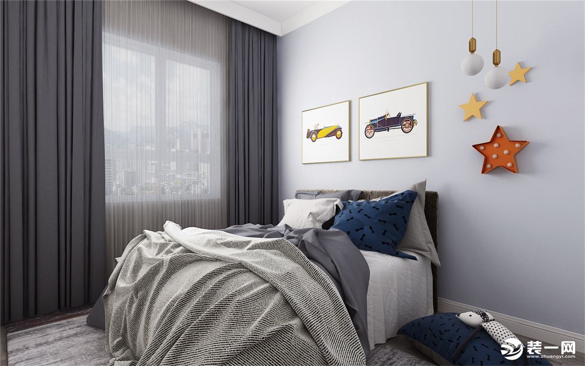 卧室是简单的床窗帘和墙面颜色相互呼应
