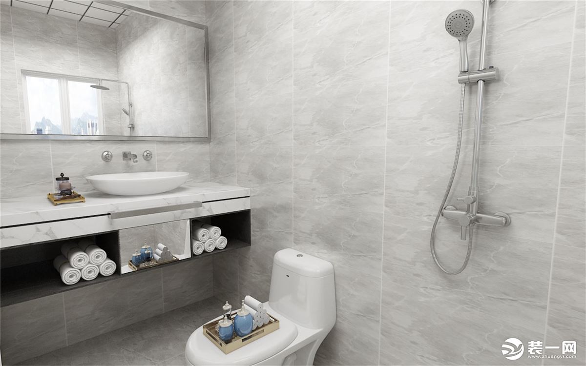 卫生间 简单灰色墙砖，浴室柜下面做悬空的增加美观性