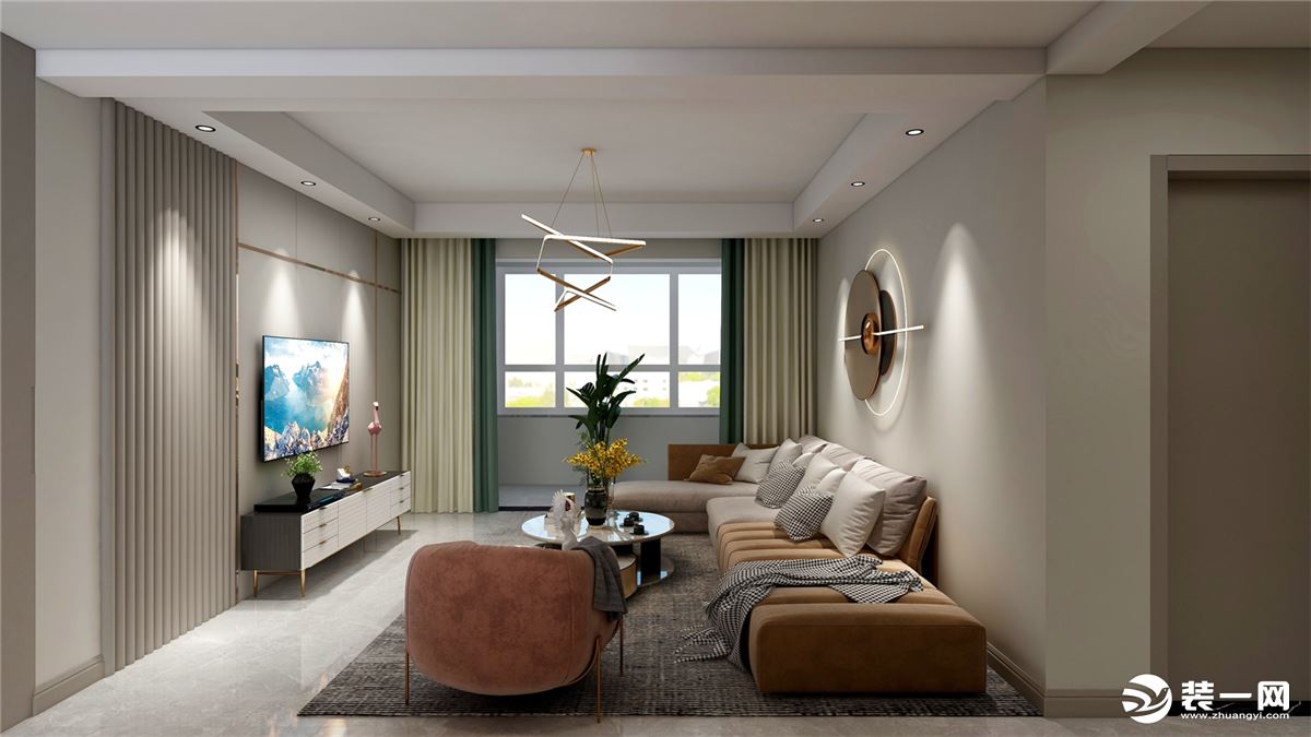 ：客厅整体是暖色调的设计，利用橘色系的沙发，带灯光的金属挂饰来进行点缀