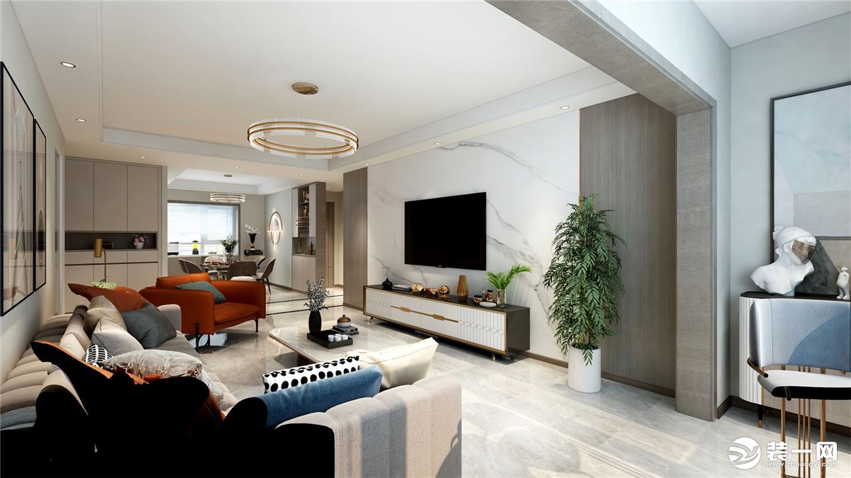 客厅设计上在电视墙采用整体硬包设计，利用套色使整个空间更立体