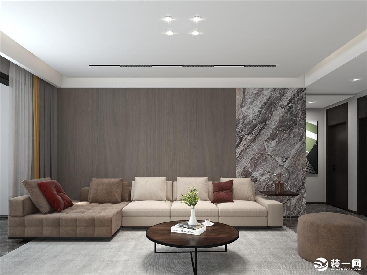 沙发背景墙采用的是木饰面的装饰加上理石纹路的拼接