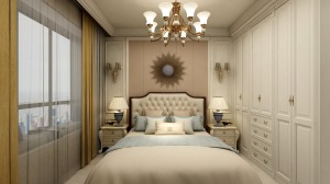 卧室在浅灰色的空间，结合金色吊杆与吊灯，让卧室空间安静而又端庄。