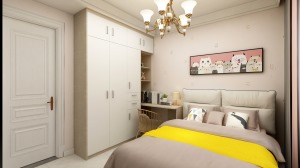 次卧空间也是浅灰色的空间基础，摆上一张樱桃木的床，旁边一个小梳妆台，结合灰色的窗帘与床单，让空间显得