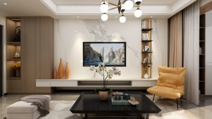 电视墙和收纳柜的巧妙结合，表现空间的充分利用与融合既和整体搭配一致，又考虑到功能性。