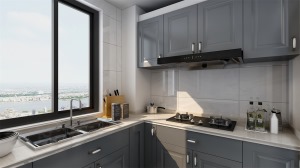 廚房： 廚房U型櫥柜擴充收納空間，搭配深色櫥柜自然純粹，讓空間盡然有序。