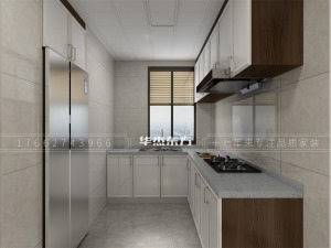  开放式厨房，以黄铜金属质感的把手的点睛之笔，白色造型门板，搭配深色柜体，让空间的精致和生活气息蔓延