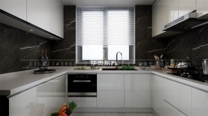 冰箱外置，U型橱柜，提高厨房空间利用率，采用深色墙面瓷砖，浅色柜体形成强烈对比，提高整体厨房视觉感受