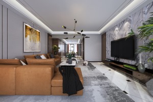 沙发背景用木色做护墙板，突出品质感，视觉效果上拉高了层高。再配以舒适简约的软装