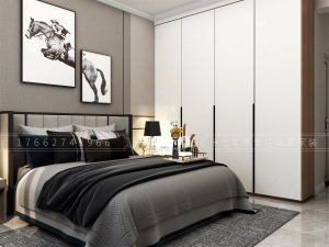 主卧室回归居住最本质的意义，摈弃张扬和斑斓色彩，灰色的背景墙与白色的衣柜相搭配