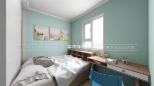 次卧室表现的效果不只是简单，墙面所采用的浅蓝色，