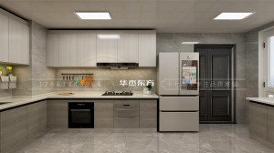  厨房采用的是浅色平板橱柜，好打理同时厨房也会显得更加干净亮堂。