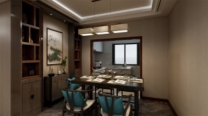 餐厅做了一排酒柜跟餐桌呼应 也是一个新中式的色调 整体家里颜色一致 协调