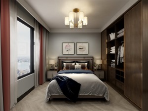  现代风格的大床，金属材质的吊灯，配优雅的中式床品，涌现一股恬淡宁静的东方艺术气息